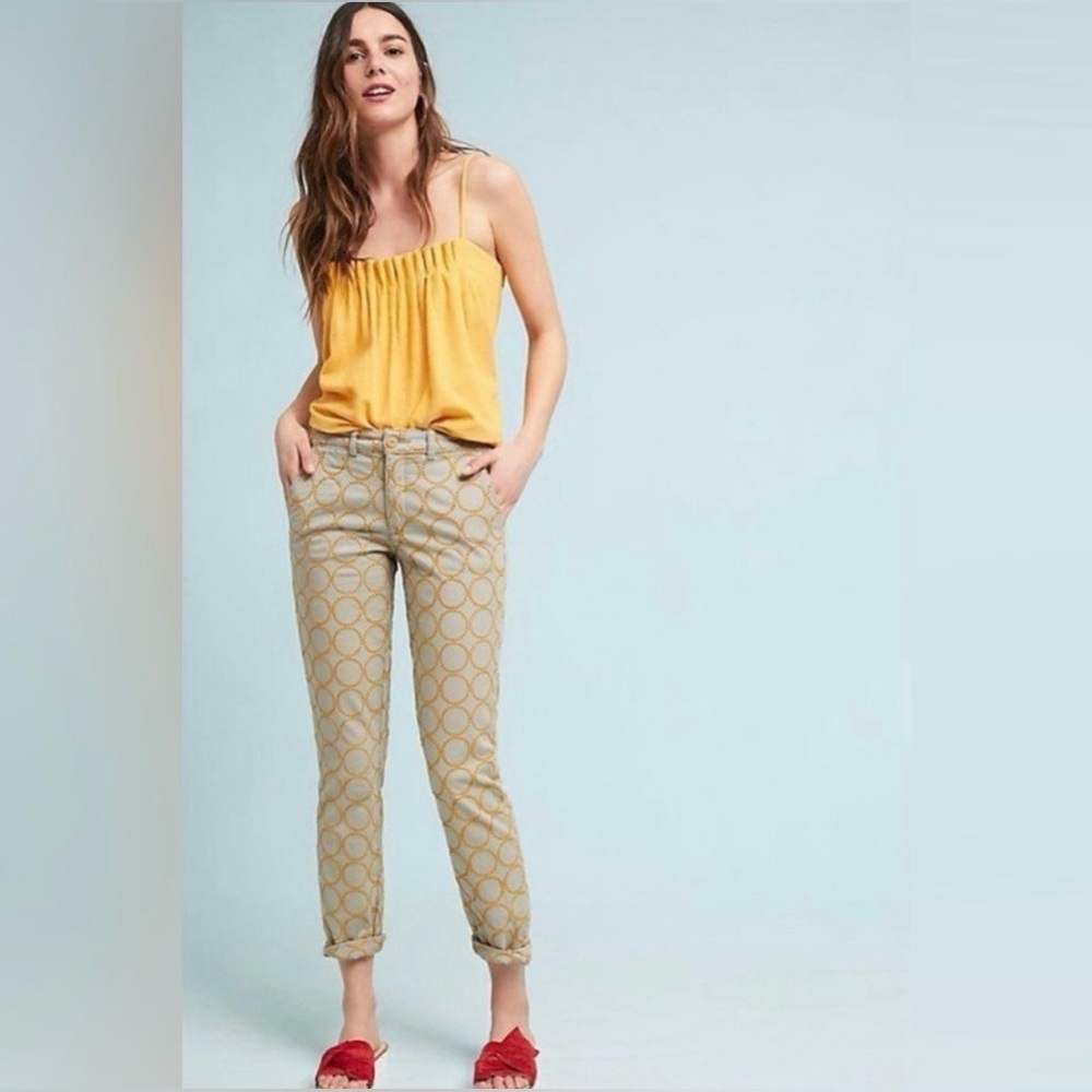 Anthropologie Chino Embroidered Circles Pants Relaxed Fit Size:27